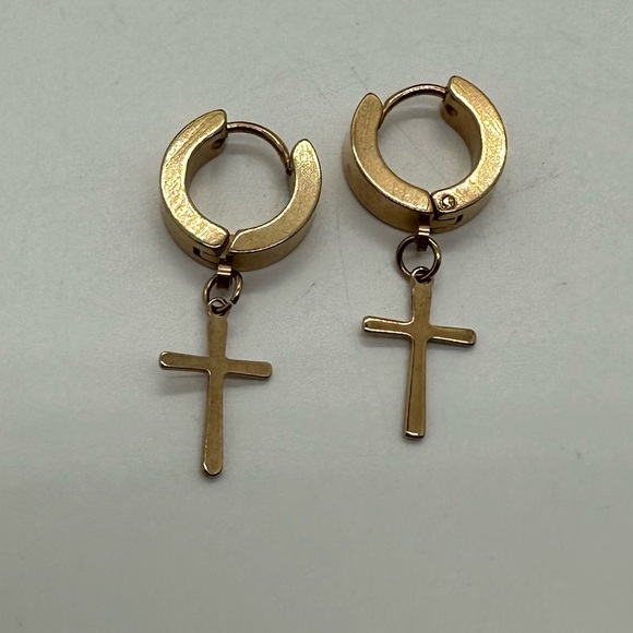 Jewelry - Gold tone dangle cross hugger hoops